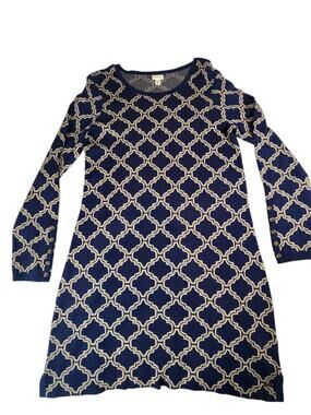 Hatley‎ Blue & Cream Geometric Knit Sweater Dress Women's Large Long Sleeve